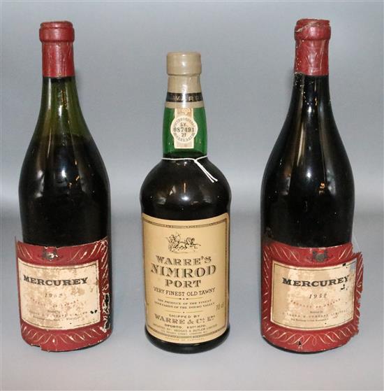2 x bottles Mercurey, 1952 and 1 x bottle of Warres Nimrod Port